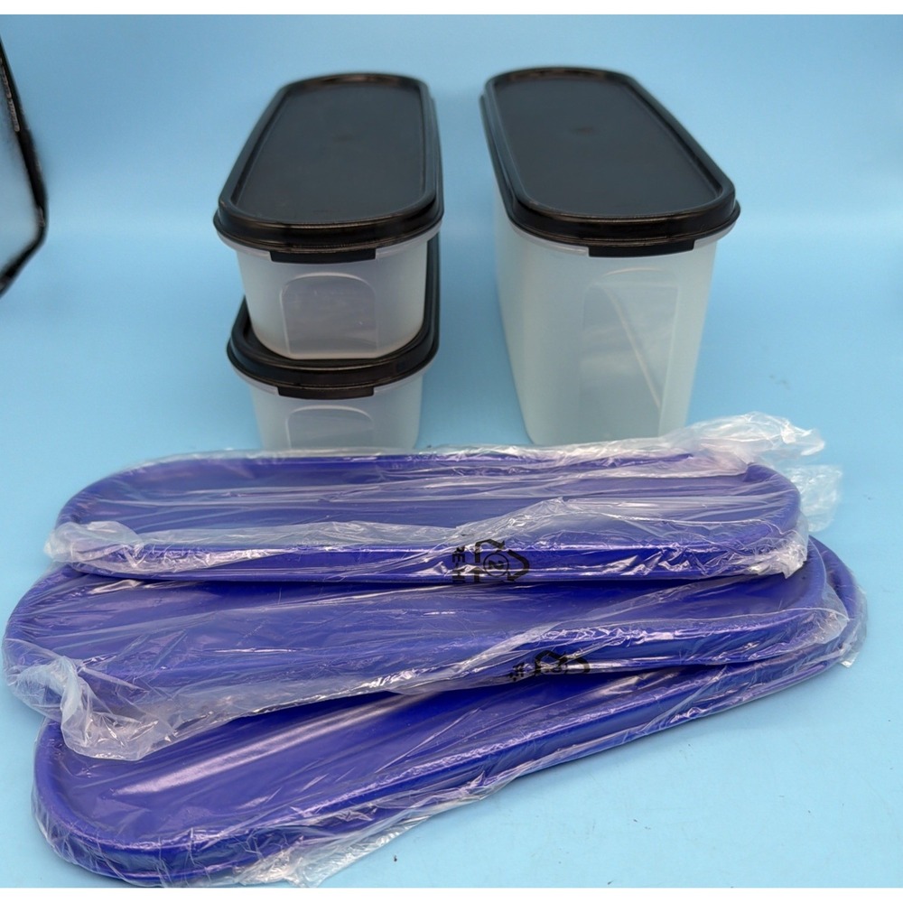 NEW Tupperware Modular Mates Super Oval 1 & 2 Set 3 Containers Black Blue Lids